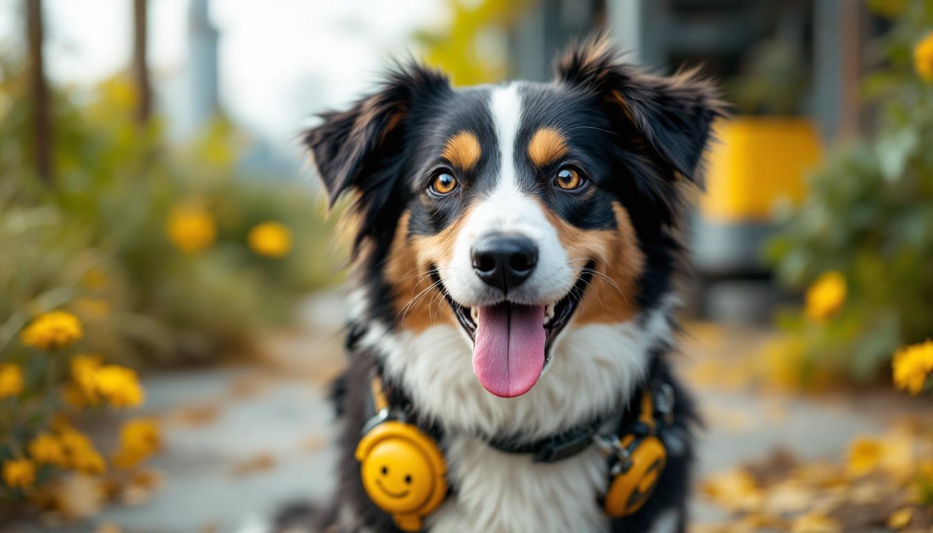 A photograph of a friendly dog in a vibrant outdoor setting