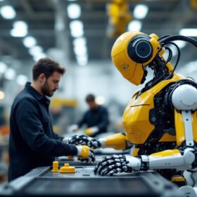 A photograph of a modern industrial robot in action within a manufacturing setting