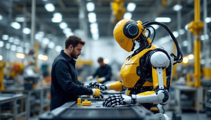 A photograph of a modern industrial robot in action within a manufacturing setting