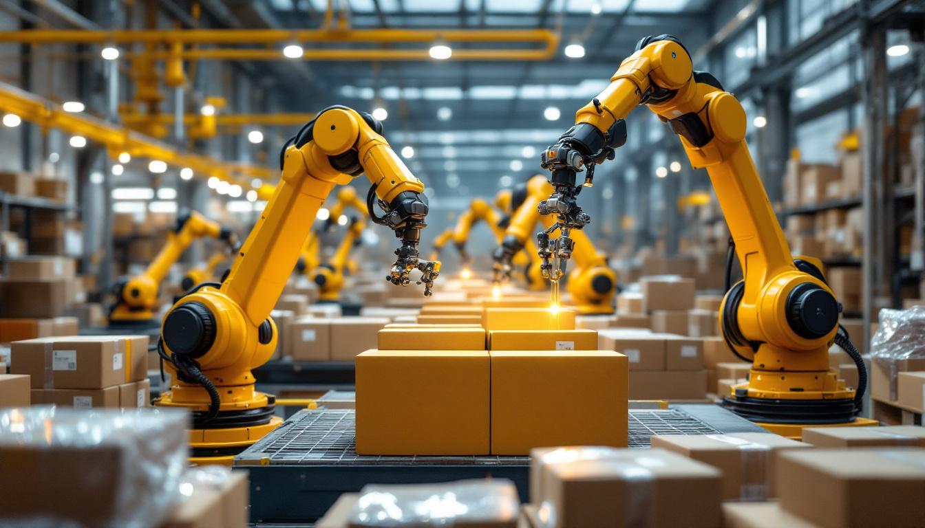 A photograph of a bustling industrial warehouse scene featuring advanced robotic arms efficiently sorting and packaging boxes