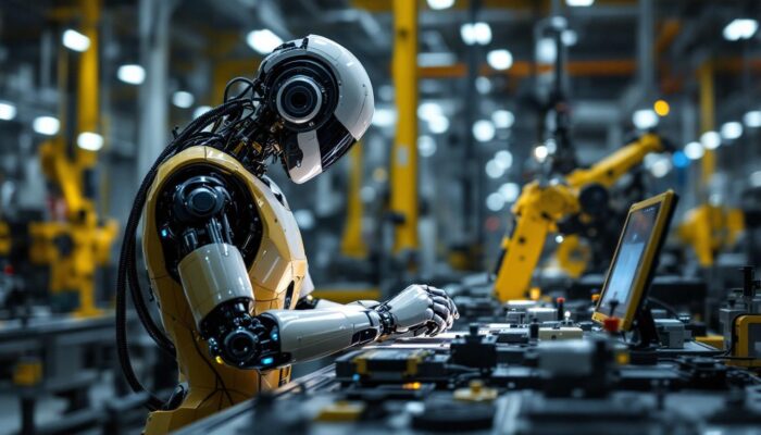 A photograph of a sleek industrial robot in action within a modern manufacturing setting