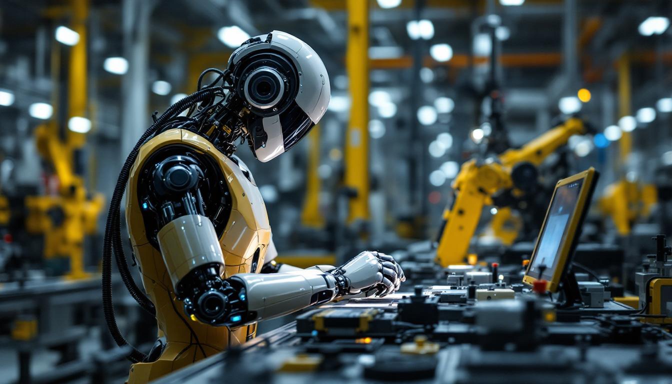 A photograph of a sleek industrial robot in action within a modern manufacturing setting
