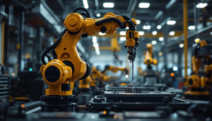 A photograph of a dynamic industrial robotics environment