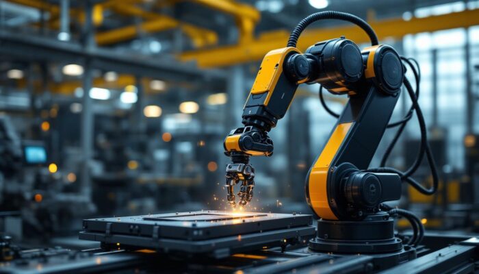 A photograph of a sleek industrial robotic arm in action