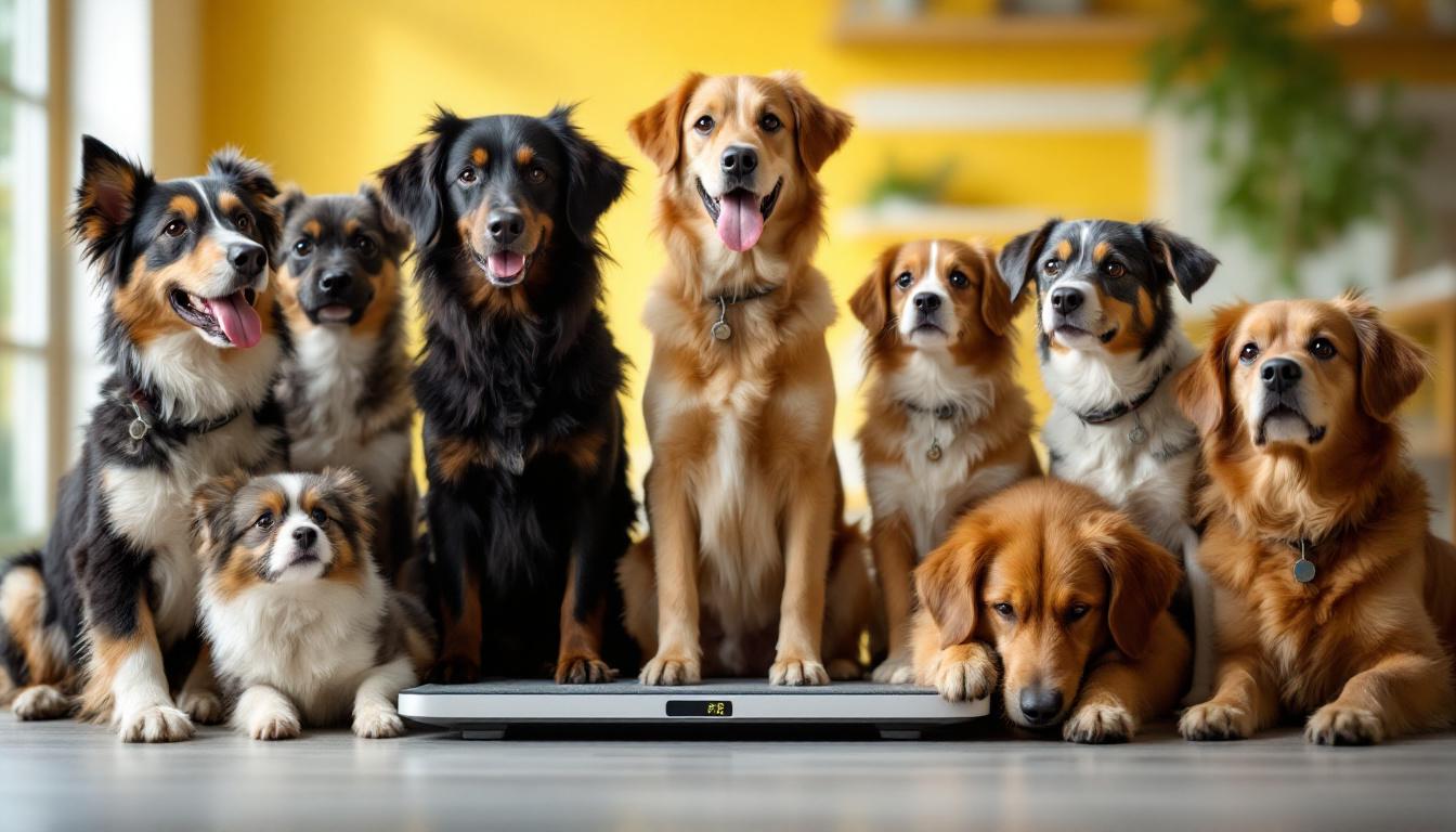A photograph of a diverse group of dogs of various breeds and sizes weighing them on a scale in a bright