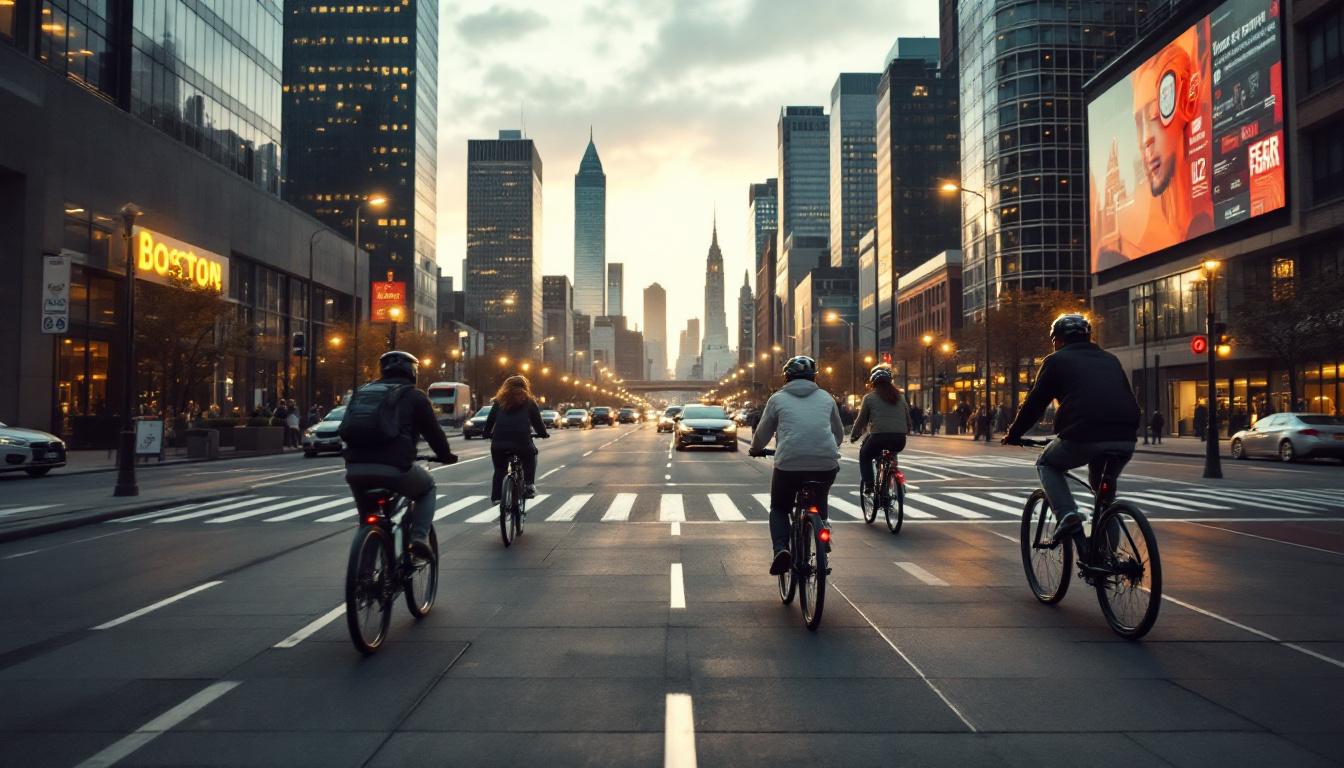 A photograph of a bustling scene of cyclists commuting to work in boston