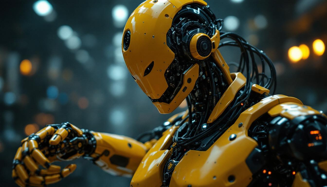 A photograph of a dynamic and intricate animatronic figure in action