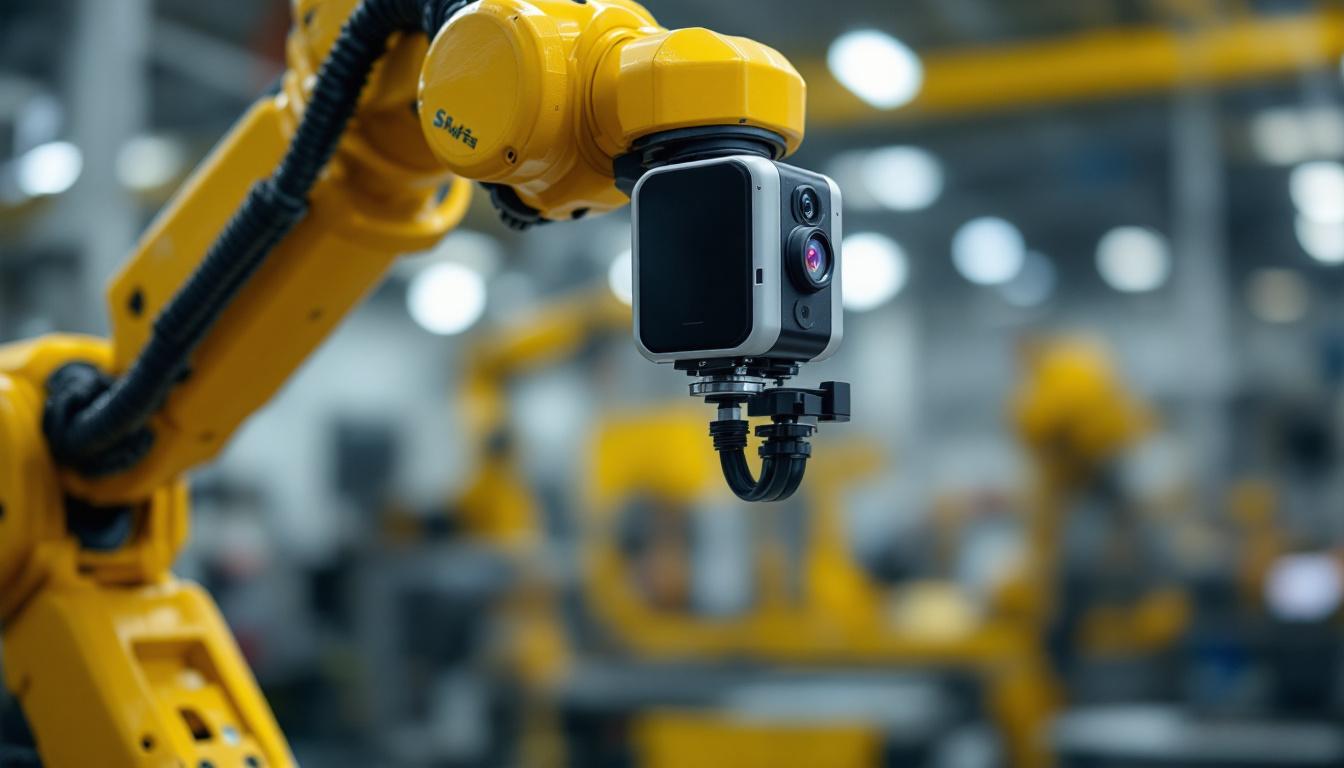 A photograph of a safe fleet body camera mounted on an industrial robot in action