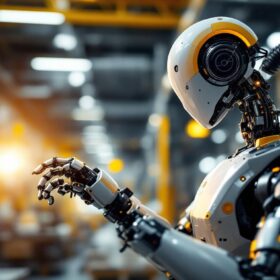 A photograph of a sleek industrial robot in action within a boston manufacturing facility