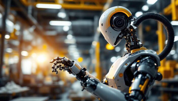 A photograph of a sleek industrial robot in action within a boston manufacturing facility