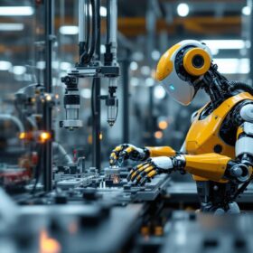 A photograph of a modern industrial robot in action within a manufacturing environment