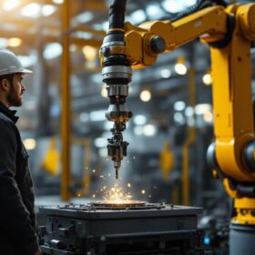 A photograph of a skilled operator overseeing an industrial robotic arm in action