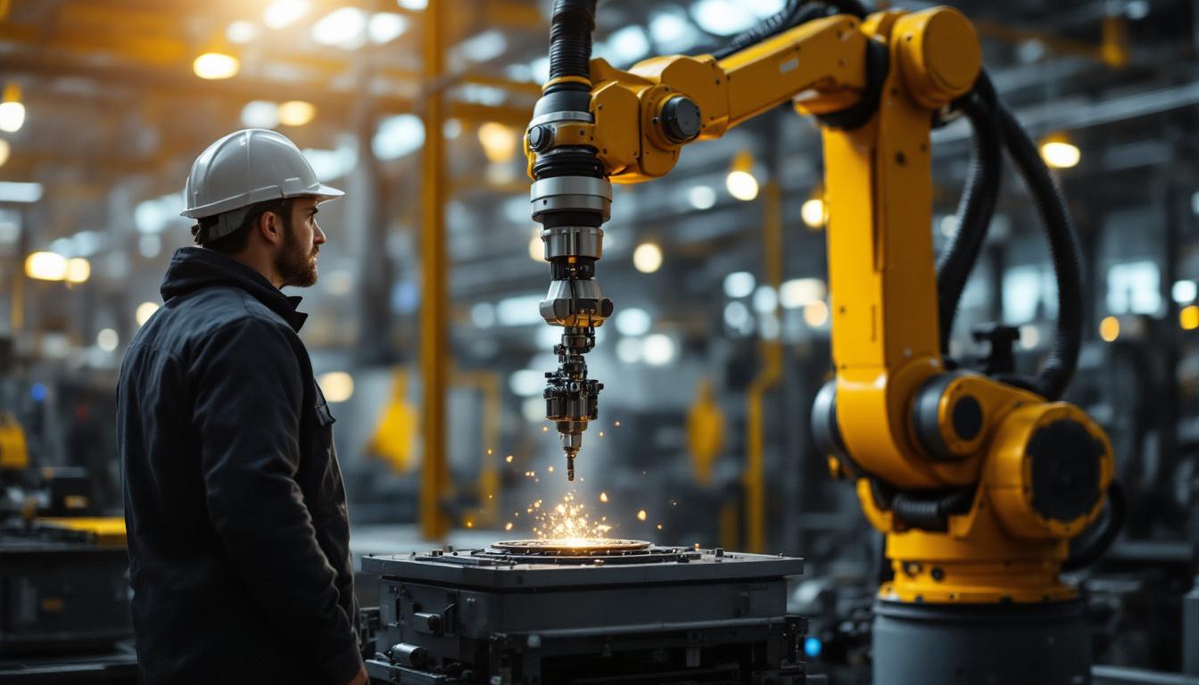 A photograph of a skilled operator overseeing an industrial robotic arm in action