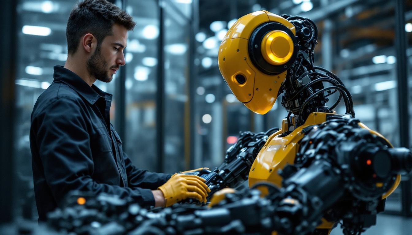 A photograph of a skilled technician programming or operating an industrial robot in a dynamic manufacturing environment