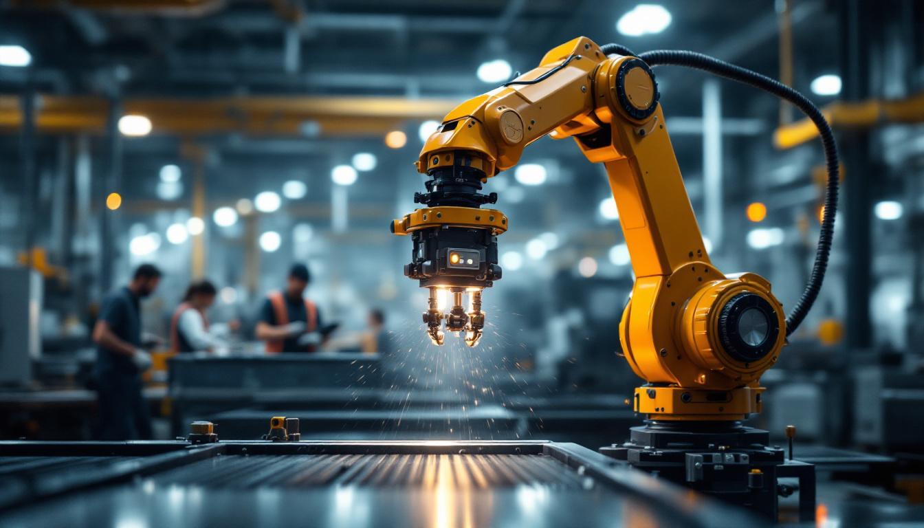 A photograph of a dynamic industrial setting showcasing a robotic arm in action