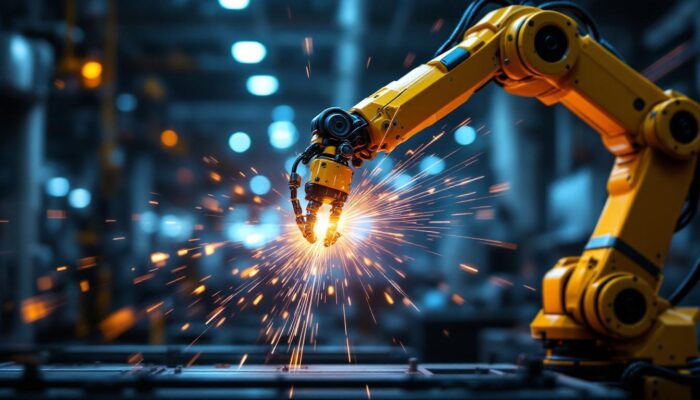 A photograph of a dynamic industrial robotic arm in action