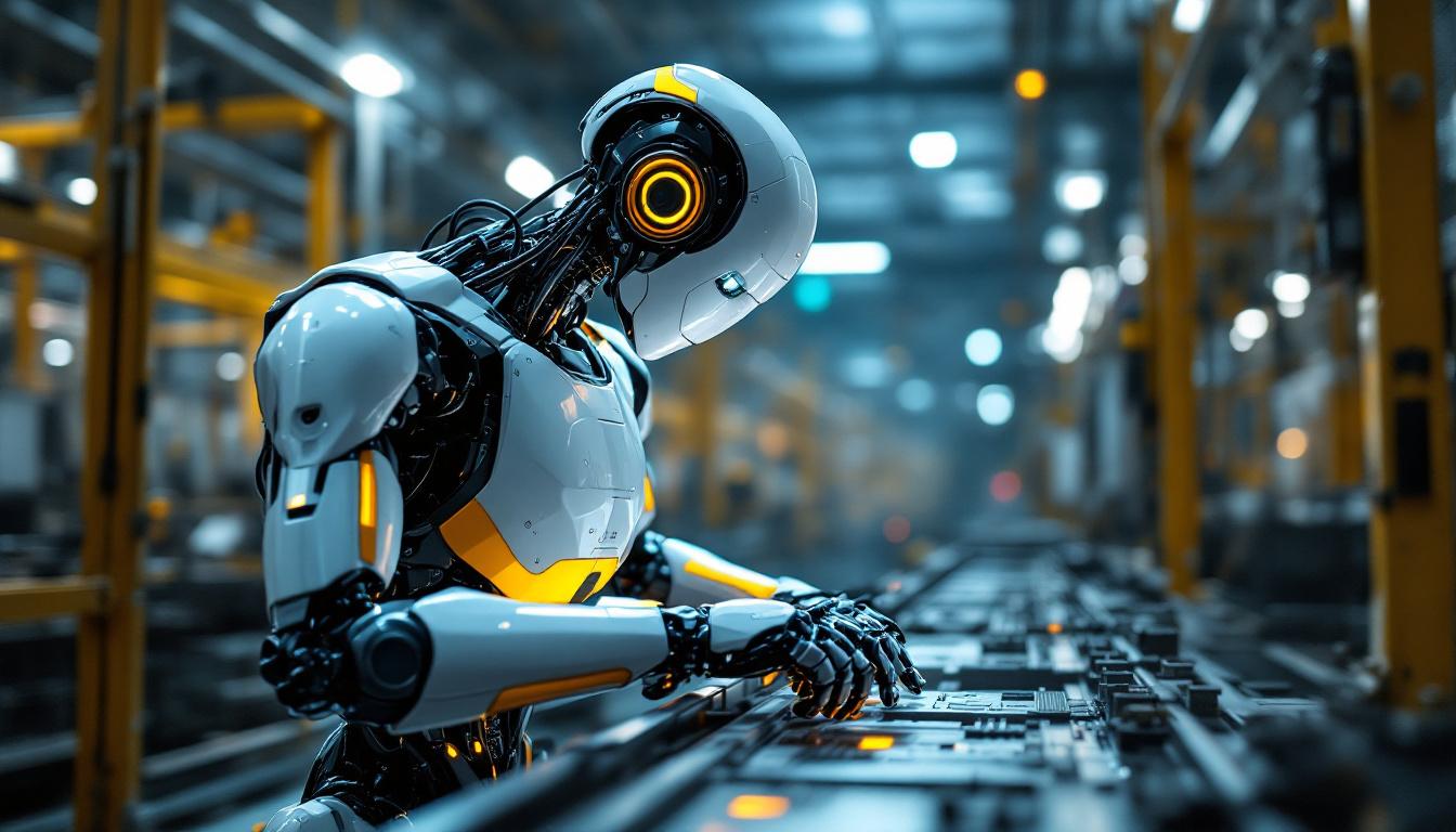 A photograph of a sleek industrial robot in action within a modern manufacturing environment