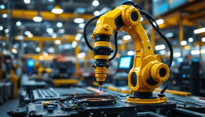 A photograph of a sleek industrial robotic arm in action