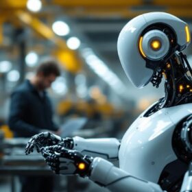 A photograph of a sleek industrial robot in action within a modern manufacturing environment