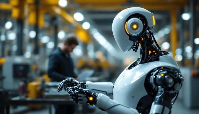 A photograph of a sleek industrial robot in action within a modern manufacturing environment