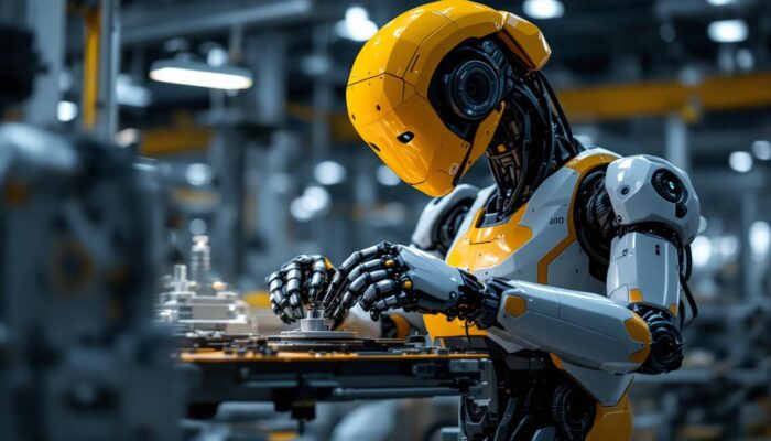A photograph of a modern industrial robot in action within a manufacturing setting