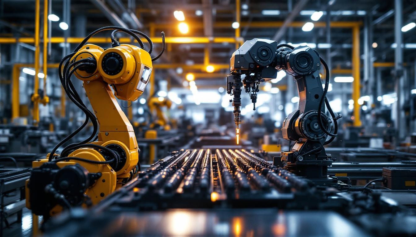A photograph of capture a photograph of a state-of-the-art industrial robot in action on a factory floor