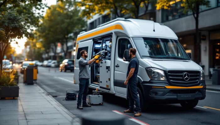 A photograph of a mobile mechanic van equipped with advanced industrial robotic tools and technology