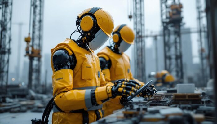 A photograph of a hyundai construction site showcasing advanced industrial robots in action