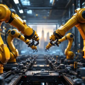 A photograph of a dynamic industrial setting featuring robotic arms in action