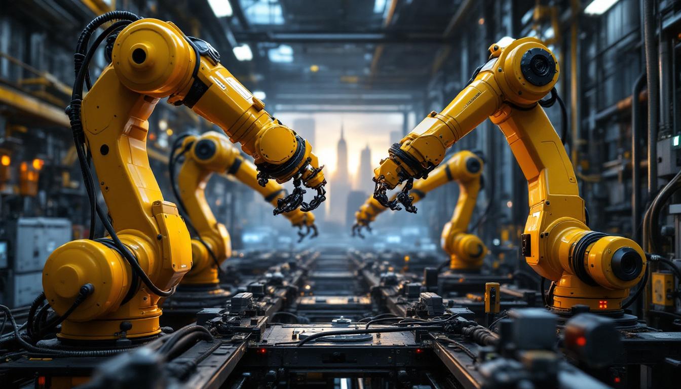 A photograph of a dynamic industrial setting featuring robotic arms in action