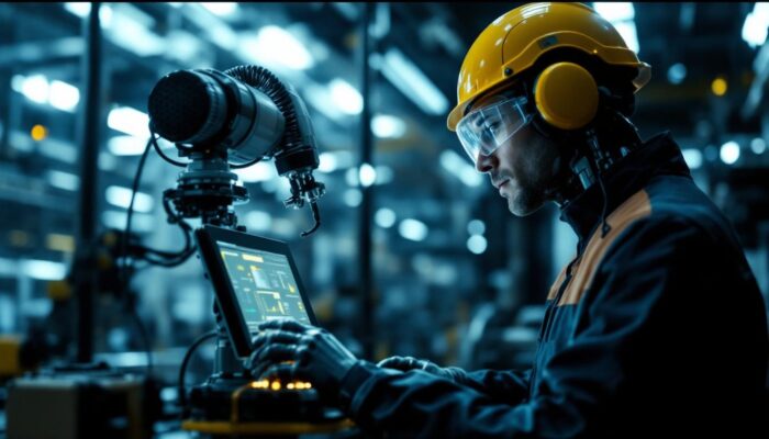 A photograph of a dynamic scene showcasing a skilled technician programming or interacting with an industrial robot in a modern manufacturing environment