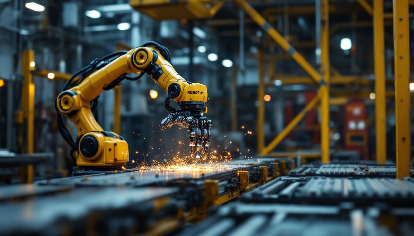 A photograph of capture a photograph of a dynamic industrial setting where a robotic arm is actively engaged in a safety-related task