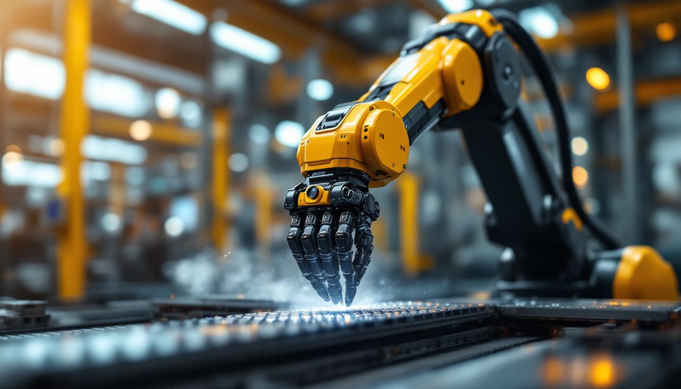 A photograph of a sleek industrial robotic arm in action