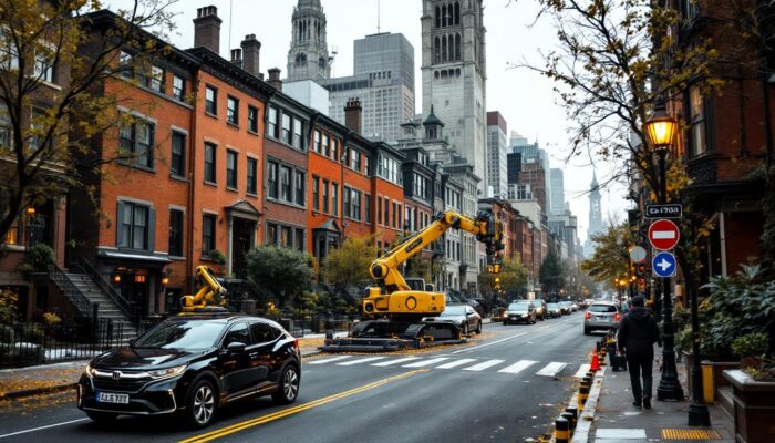 A photograph of a bustling urban scene in boston that juxtaposes traditional housing with modern industrial robotics