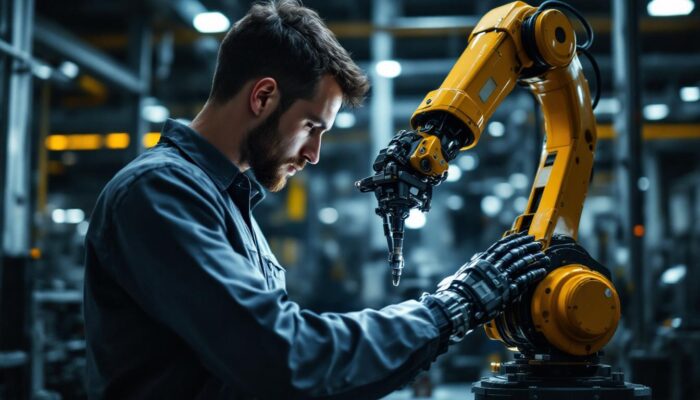 A photograph of a skilled engineer working alongside a robotic arm in an industrial setting