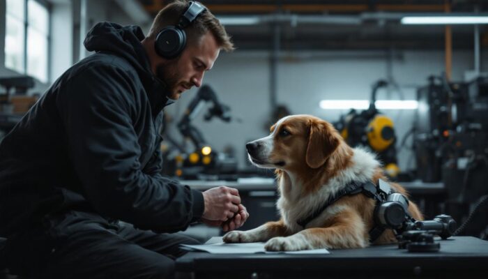 A photograph of a skilled dog trainer working with a well-behaved dog in a modern training facility