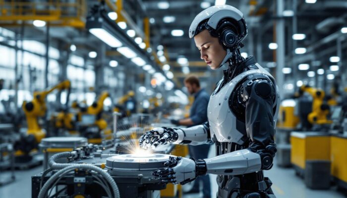 A photograph of a sleek industrial robot in action within a modern manufacturing facility