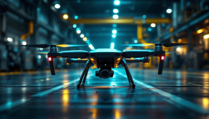 A photograph of a drone navigating through an industrial environment