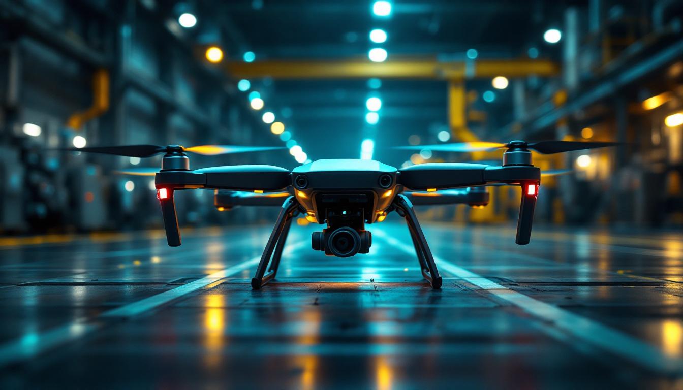 A photograph of a drone navigating through an industrial environment