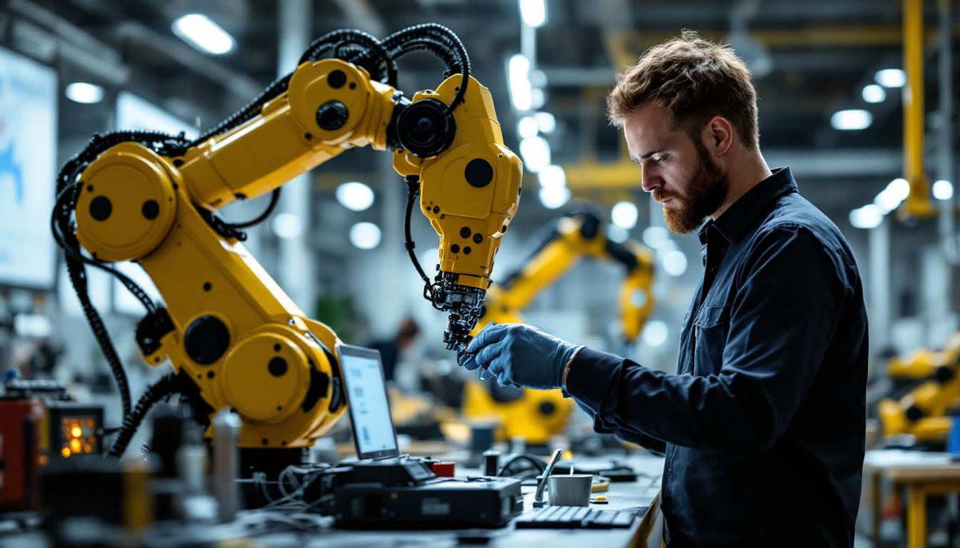 A photograph of a skilled data annotation specialist working alongside an industrial robot in a modern workspace