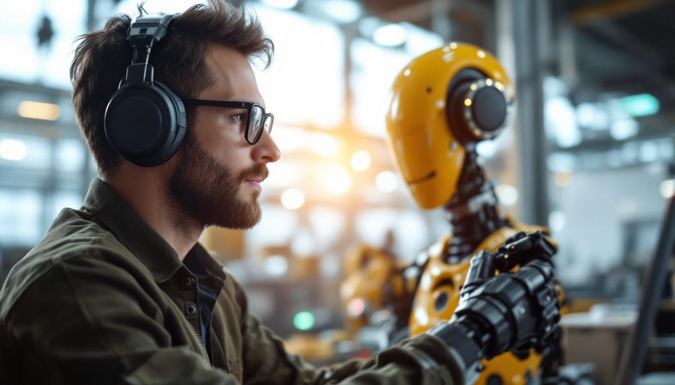 A photograph of capture a photograph of a computer engineer working alongside an industrial robot in a modern manufacturing environment