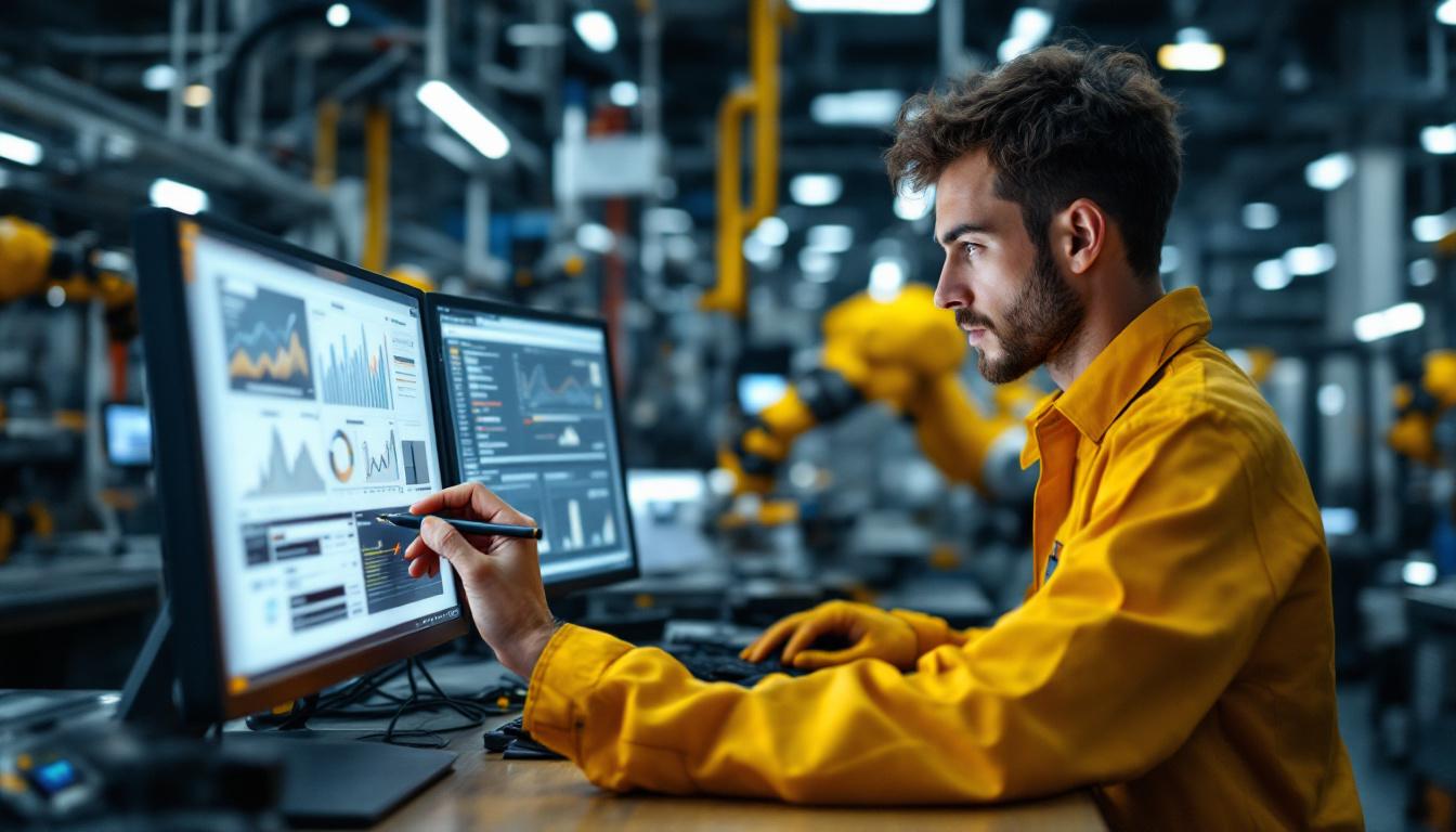 A photograph of a skilled technician meticulously annotating data on a computer screen while surrounded by advanced industrial robotic systems in a high-tech manufacturing environment