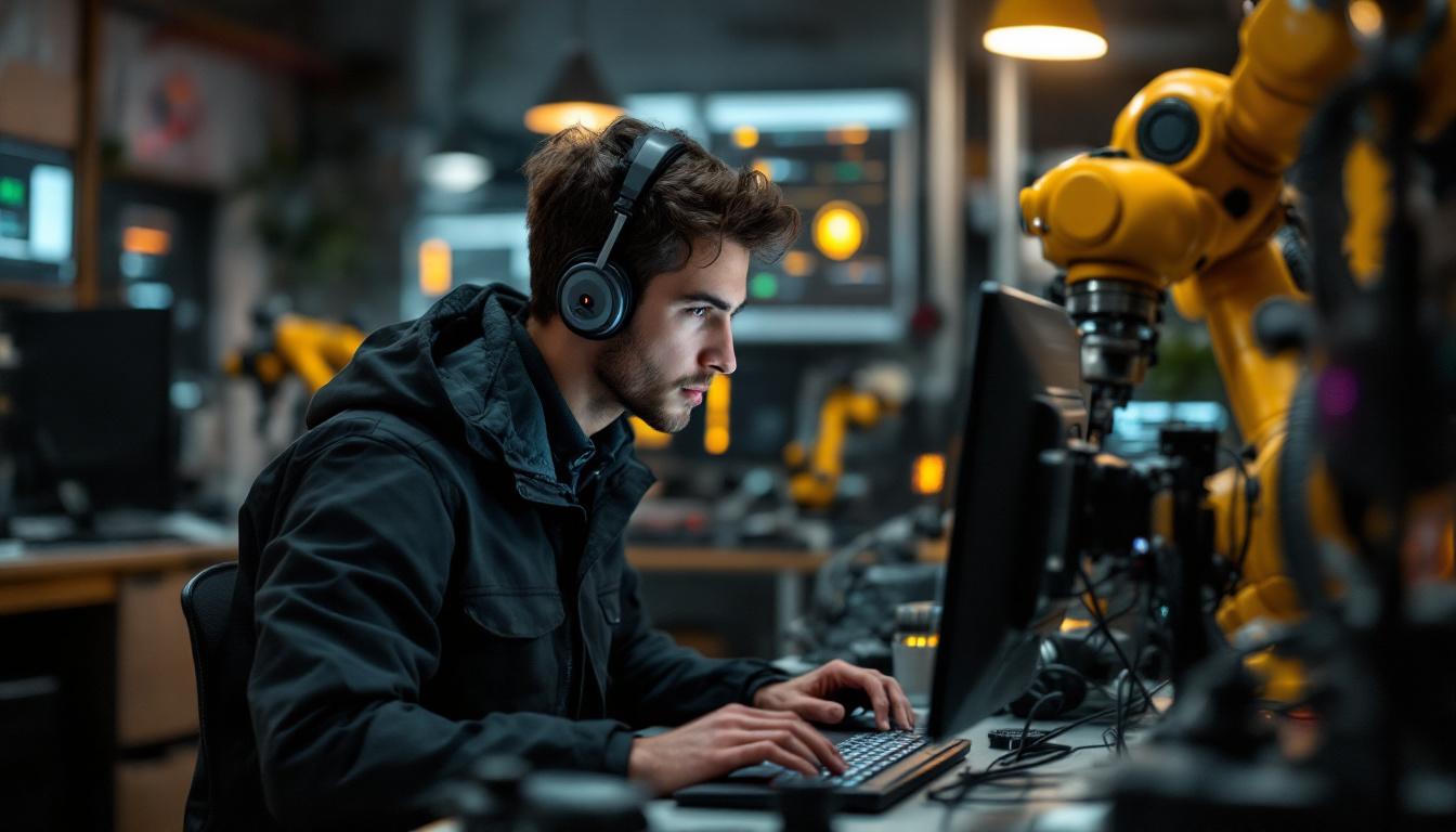 A photograph of a focused entry-level software engineer working at a computer