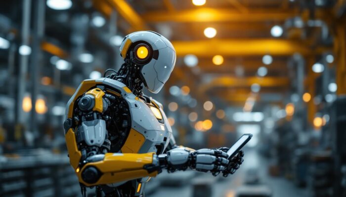 A photograph of a life-sized industrial robot in action within a manufacturing environment