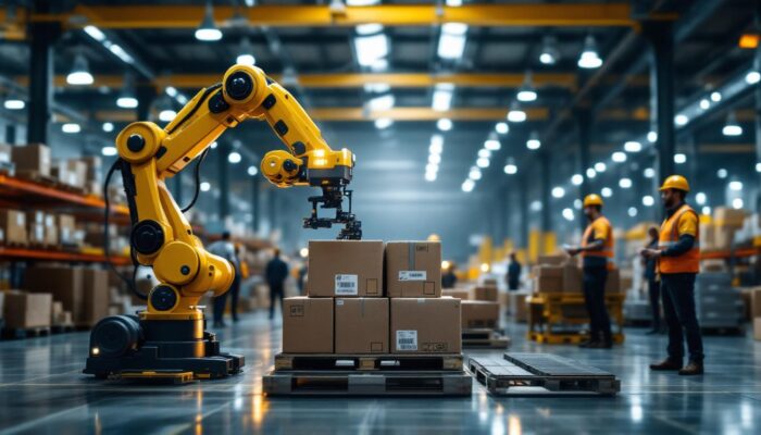 A photograph of a modern warehouse setting showcasing an industrial robot efficiently unloading containers