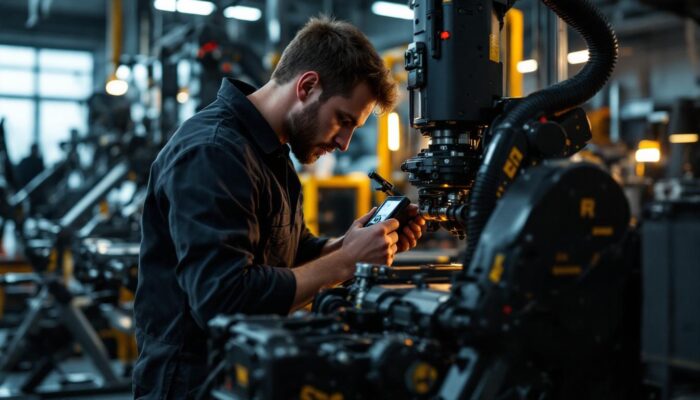 A photograph of a skilled technician working on advanced fitness equipment