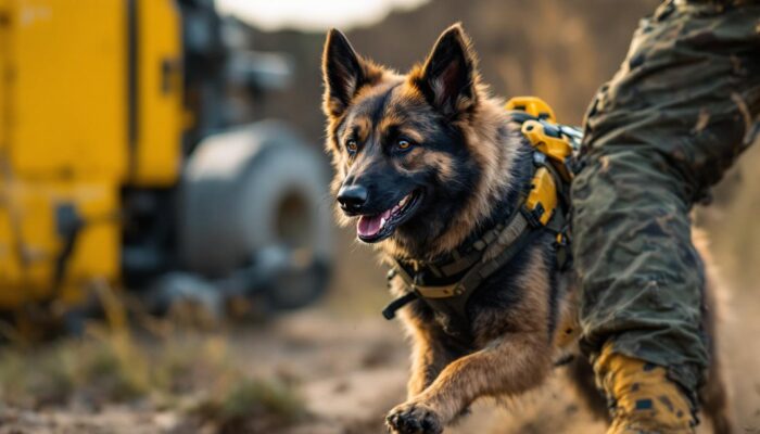 A photograph of a well-trained military dog in action