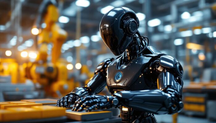 A photograph of a sleek industrial robot in action within a modern manufacturing setting