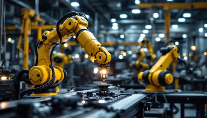 A photograph of a robotic arm in an industrial setting