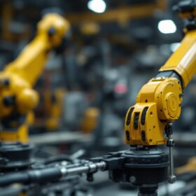 A photograph of a detailed close-up of a walking cane hardware kit alongside an industrial robotic arm in a workshop setting